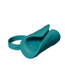 Lovense Gush 2 Motion Handsfree Masturbator Teal side view with strap and textured interior.