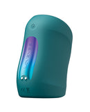 Lovense Gush 2 Motion Handsfree Masturbator Teal side view with power button and sleek design.