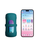 Lovense Gush 2 Motion Handsfree Masturbator Teal next to smartphone app interface for control.
