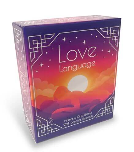 Love Language Couples Game box with sunset design, intimacy quiz game for couples with sensual rewards.