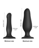 Strap On Me Inflatable Dildo Plug Black minimum and maximum size dimensions for adjustable use.