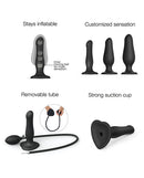 Strap On Me Inflatable Dildo Plug Black showcasing stays inflatable, customizable sensation, removable tube, and strong suction cup.
