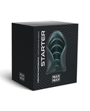 Manwan Starter Travel Vibrating Masturbator Pine Grey packaging box with ergonomic design and stimulating features.
