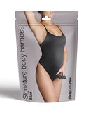 Strap On Me Signature Body Harness Black Small packaging featuring model wearing the harness in a black bodysuit.