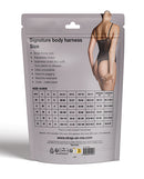 Strap On Me Signature Body Harness Black XL size guide packaging detailing body thong style and adjustable straps.
