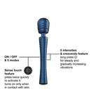 Man Wand Edgy Stellar Blue Vibrating Massager features including Sense Touch and 5 intensities for targeted pleasure.