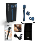 Man Wand Edgy Stellar Blue Vibrating Massager packaging, wand, accessories, and starter guide arranged for display.