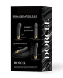 Dorcel Real Vibration S 6 Inch Vibrator 2.0 Gold packaging showing features, USB rechargeable, powerful motor, and 10 vibration modes.