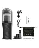 Dorcel Thrust Blow Automatic Masturbator Black with accessories including charger and manual, designed for hands-free pleasure.
