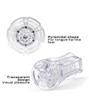 Dorcel Deep Blow Extreme Masturbator Sleeve Clear showcasing its pyramidal shape and transparent design for visual pleasure.