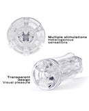 Dorcel Deep Blow Multi Sensation Masturbator Sleeve Clear showcasing its transparent design and unique textures for enhanced pleasure.