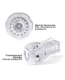 Dorcel Deep Blow Tornado Masturbator Sleeve Clear showcasing spiral textures and transparent design for visual pleasure.