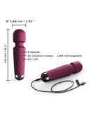 Dorcel Mini Wanderful Wand Massager Plum shown with specifications, USB rechargeable, 8 speeds and 20 vibration modes.