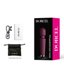 Dorcel Mini Wanderful Wand Massager Plum packaging, includes charging cable and pouch for travel convenience.