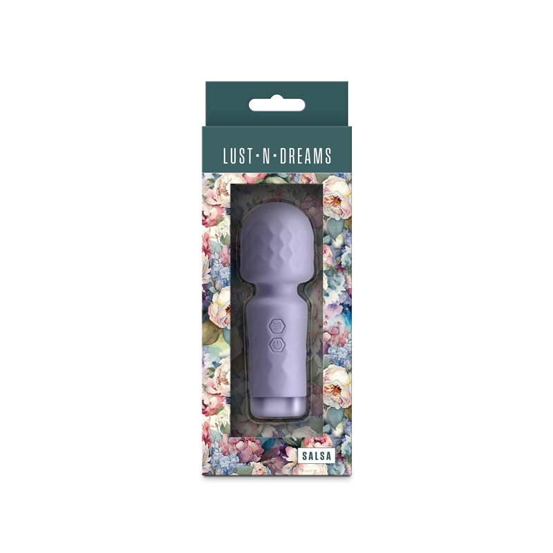Lust N Dreams Salsa Petite Body Wand Lavender in elegant packaging with floral design.