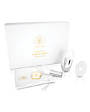 Le Wand Little Pleasures 6 Piece Vibrator Kit Chrome with stylish storage pouch and mini vibrators in a sleek white box.
