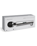 Le Wand Die Cast Rechargeable Massager Silver packaging with sleek design and features.