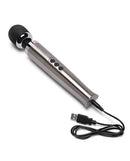 Le Wand Die Cast Rechargeable Massager Silver with USB charging cable and control buttons.