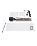 Le Wand Die Cast Rechargeable Massager Silver with accessories and charging cable displayed on a white background.