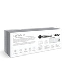 Le Wand Die Cast Rechargeable Massager Silver packaging showcasing features and accessories.