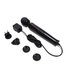 Le Wand Die Cast Plug-In Massager Black with power adapter and interchangeable plugs.