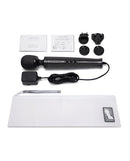 Le Wand Die Cast Plug-In Massager Black with accessories, including power adapter and information guides.