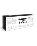 Le Wand Die Cast Plug-In Massager Black packaging showcasing included accessories and features.