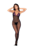 Mapale Whispered Lace Fishnet Bodystocking Black Purple model showcasing a sultry full-body look with lace and fishnet.