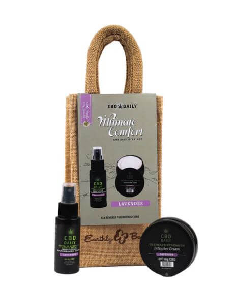 CBD Daily Ultimate Strength Lavender Gift Set with Active Spray, Intensive Cream, and Jute Bag for soothing and relaxing.