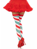 Leg Avenue Holiday Ribbon Thigh High Stockings Swirl worn with a festive red tutu and red high heels.