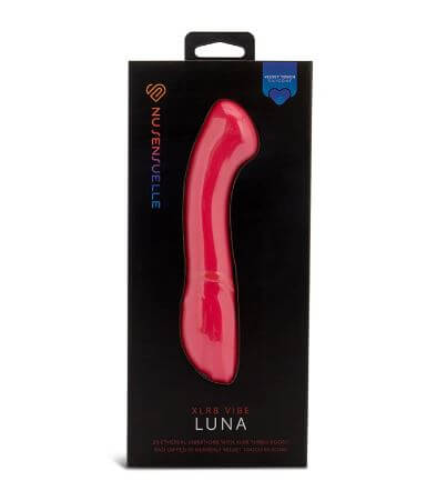 Sensuelle Luna Velvet Touch Vibe in packaging, hot pink color with 20 vibration patterns and XLR8 turbo boost feature.