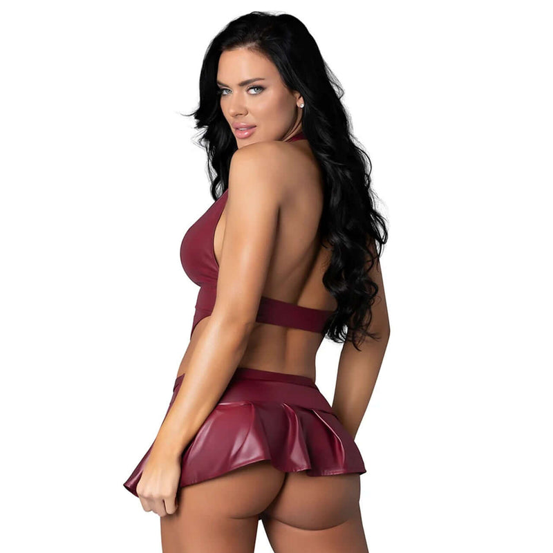 Model wearing Lust Fetish Seraphina Burgundy L XL lingerie set showcasing its alluring design and premium wet look finish.