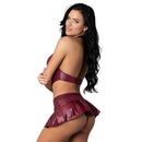 Lust Fetish Seraphina Burgundy L XL model showcasing wet look lingerie set from behind.