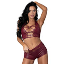 Model wearing Lust Fetish Thalia Burgundy S M lingerie set featuring a provocative play top and matching shorts.