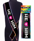 Little Genie He Plus Him Glitter Bachelor Party Sash displayed on a mannequin with colorful packaging.