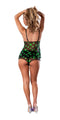 Woman wearing Hazy Dayz cami and short set with pot leaf print, size L/XL, back view.