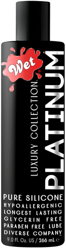 Wet Platinum Luxury Silicone Lubricant 9 Fl Oz bottle displaying pure silicone and long-lasting glide features.