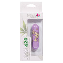 Maia Jessi 420 Mini Bullet Vibrator Violet in packaging with hemp leaf design.
