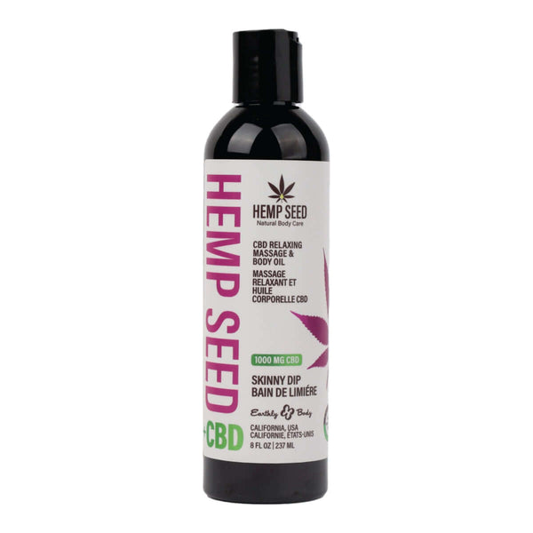 Relaxing Massage and Body Oil Skinny Dip 8 Oz bottle with 1000 mg CBD for soothing and moisturizing skin.