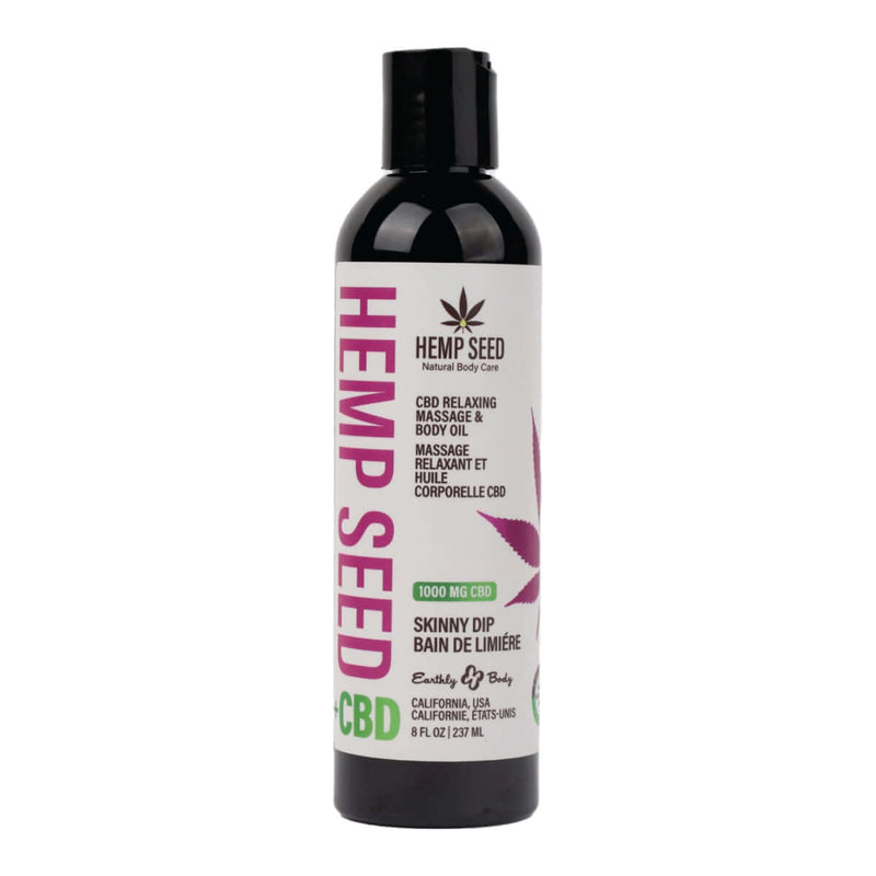 Relaxing Massage and Body Oil Skinny Dip 8 Oz bottle with 1000 mg CBD for soothing and moisturizing skin.