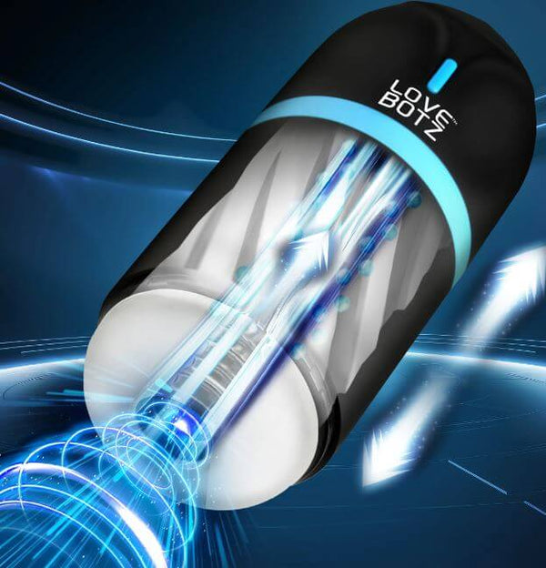 Lovebotz The Milker Mega-Pod Sucking Masturbator, black casing with dynamic electronic effects, for ultimate satisfaction.