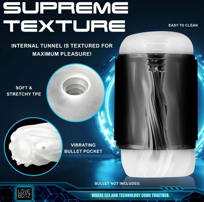 Lovebotz The Milker Mega-Pod Sucking Masturbator showcasing supreme texture and vibrating pocket for ultimate satisfaction.