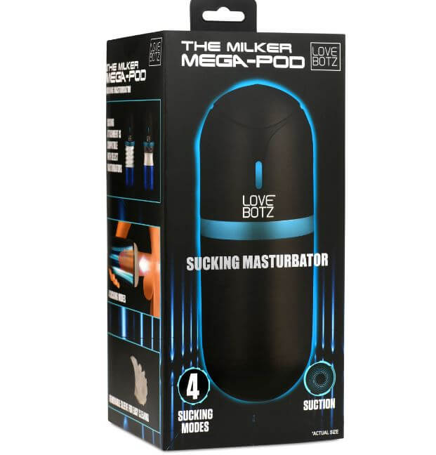 Lovebotz The Milker Mega-Pod Sucking Masturbator packaging displaying features and 4 powerful suction modes.