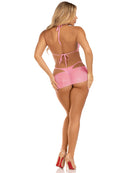 Leg Avenue 3 Piece Rhinestone Mesh Lingerie Set Baby Pink worn from the back showcasing the sheer design and playful style.