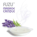 Fuzu Massage Candle Lavender Mist 4 Oz with lavender flowers and smoke, perfect for relaxation and romance.