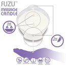 Fuzu Massage Candle Lavender Mist 4 Oz showing dual wicks and pour spouts for easy use and moisturizing benefits.