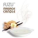 Fuzu Massage Candle Warm Vanilla Sugar 4 Oz with soothing aroma, surrounded by sugar and vanilla for a relaxing experience.