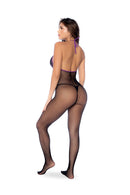 Mapale Whispered Lace Fishnet Bodystocking Black Purple featuring an elegant open fishnet design with lace details.