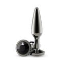 Rear Assets Chrome Tapered Anal Plug Medium Gray with shiny finish and gem accent, ideal for intimate pleasure.