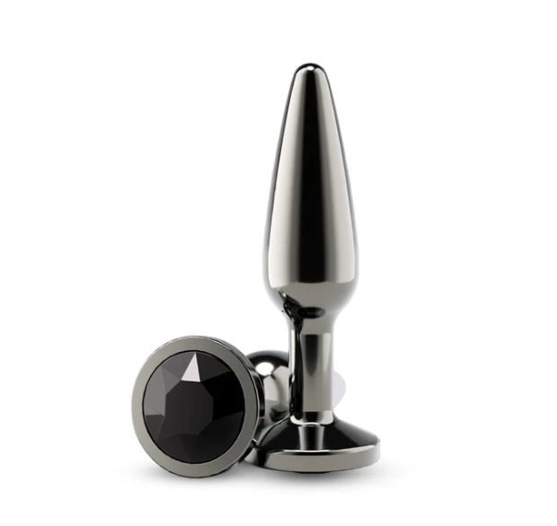 Rear Assets Chrome Tapered Anal Plug Medium Gray with shiny finish and gem accent, ideal for intimate pleasure.
